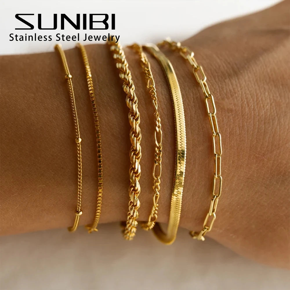 SUNIBI Classic Snake Chain Bracelets for Women Trend  Fashion Stainless Steel Cuban Chain Bracelet Trendy Woman Gifts Jewelry