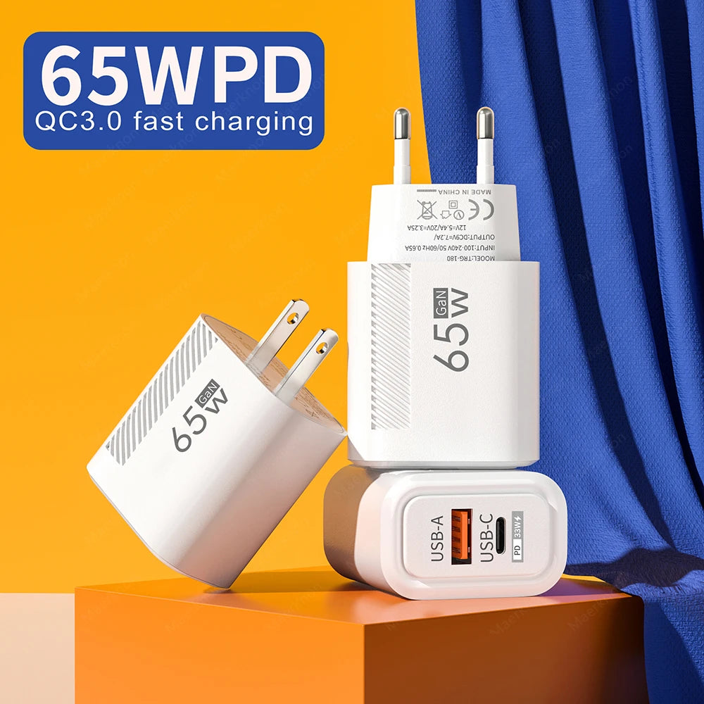 Total 65W GaN USB Charger Fast Charging Type C PD Phone Charger Adapter For iPhone Samsung Xiaomi Huawei EU/US Plug Wall Charger