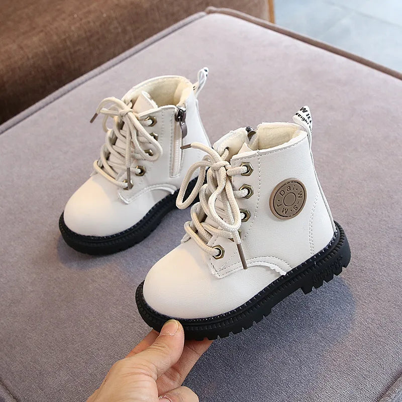 2023 British Spring Autumn Winter Children Boots Boys Girls Leather  Boots Plush Waterproof Non-slip Warm Kids Boots Shoes