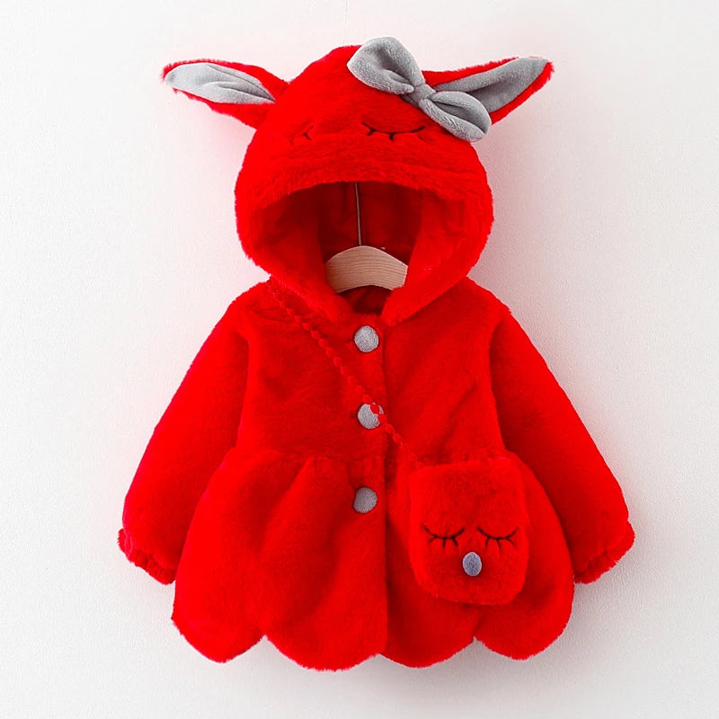 Cute Rabbit Ears Plush Baby Jacket Christmas Sweet Princess Girls Coat Autumn Winter Warm Hooded Outerwear Toddler Girl Clothes