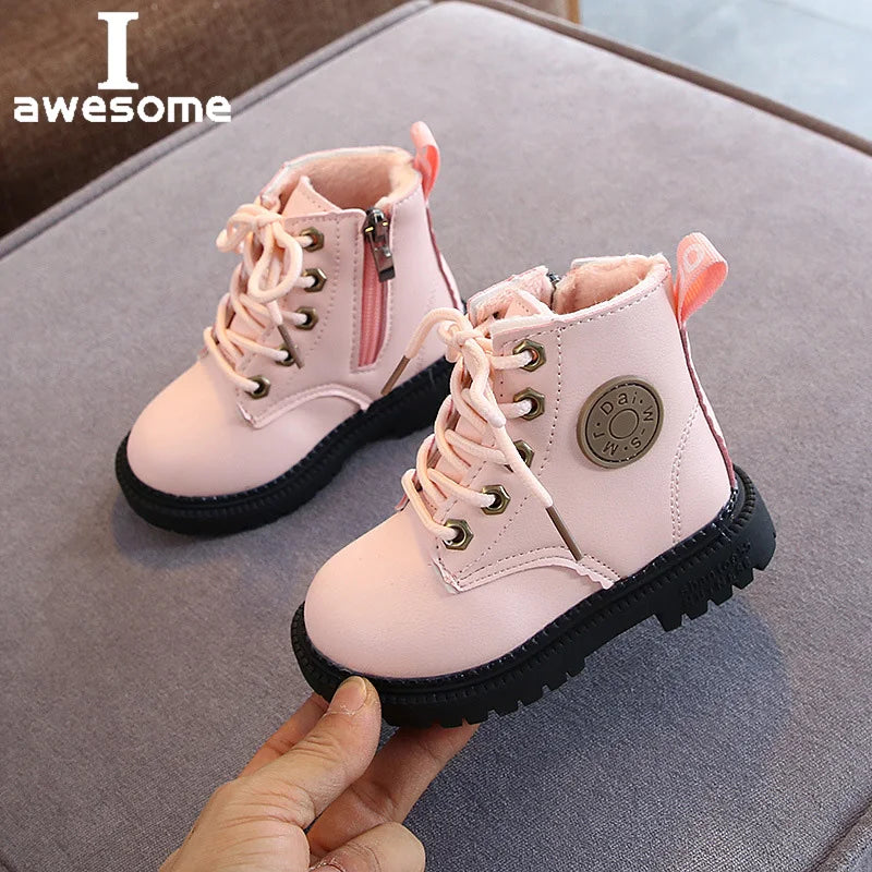 2023 British Spring Autumn Winter Children Boots Boys Girls Leather  Boots Plush Waterproof Non-slip Warm Kids Boots Shoes