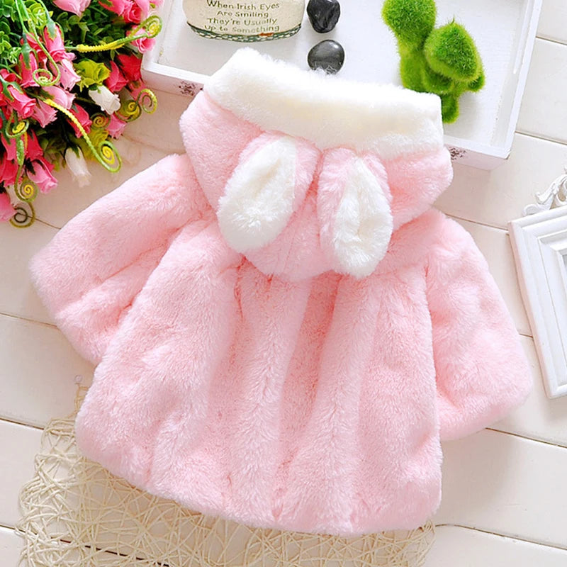 3 6 9 12 18 24 Months Baby Jacket Autumn Cute Rabbit Plush Princess Girls Coat Infant Warm Hooded Newborn Cloak Kids Clothes