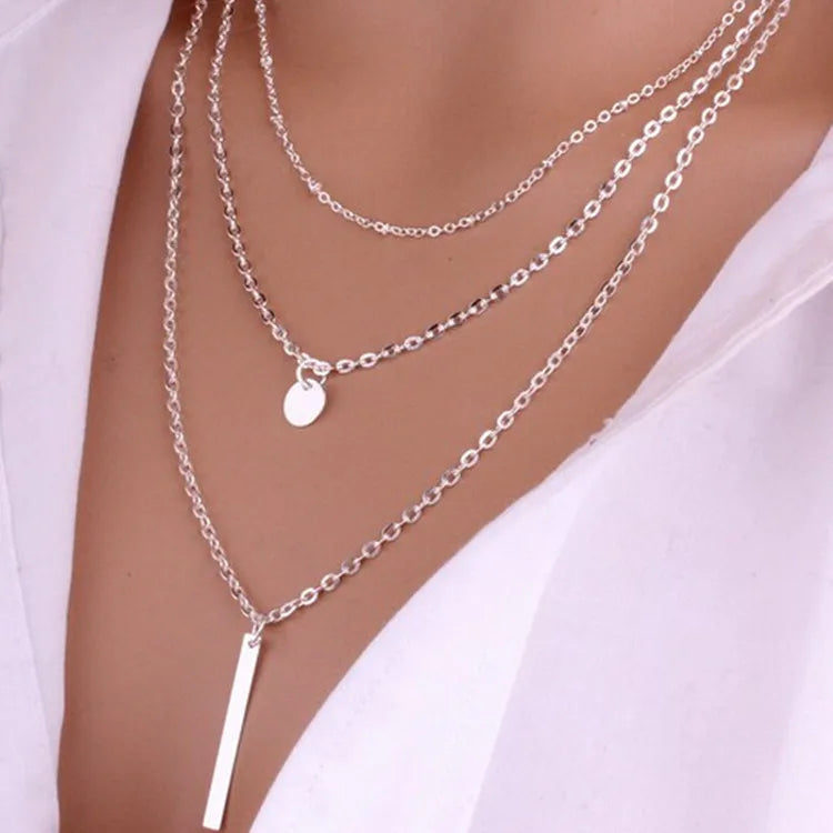 European And American Fashion Jewelry New Copper Bead Chain Sequin Metal Strip Necklace Multi-layer Round 1 Word Long Necklace