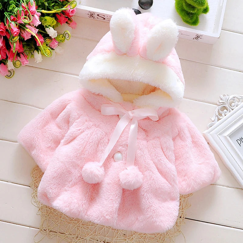 3 6 9 12 18 24 Months Baby Jacket Autumn Cute Rabbit Plush Princess Girls Coat Infant Warm Hooded Newborn Cloak Kids Clothes