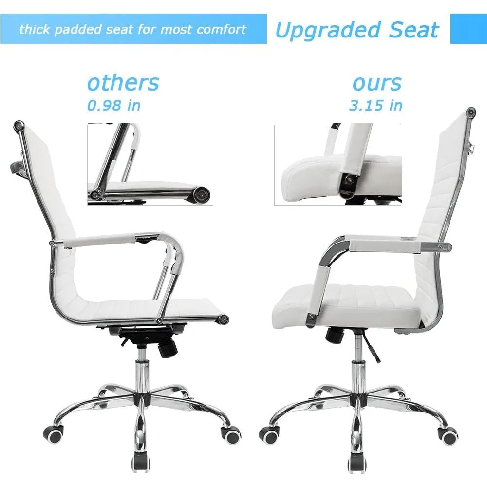 Ribbed Office Desk Chair Mid-Back PU Leather Executive Conference Task Chair Adjustable Swivel Chair with Arms