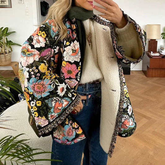 Vintage Floral Flower Printed Cotton Coat Women Fleece Thick Warm Long Sleeve Quilted Jacket Autumn Winter Women's Clothing