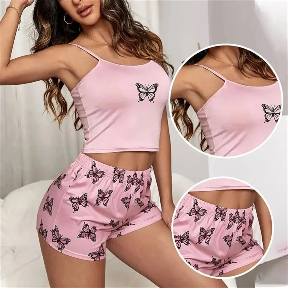 Two Piece Women's Suspender Printed Butterfly Round Neck Camouflage Top Paired with Shorts Women's Casual Pajama Set