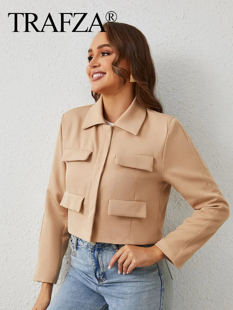 TRAFZA Spring Jacket For Women Slim Cropped Coat Elegant Solid Long Sleeve Jacket Front Flap Pocket Outerwear Fashion Streetwear