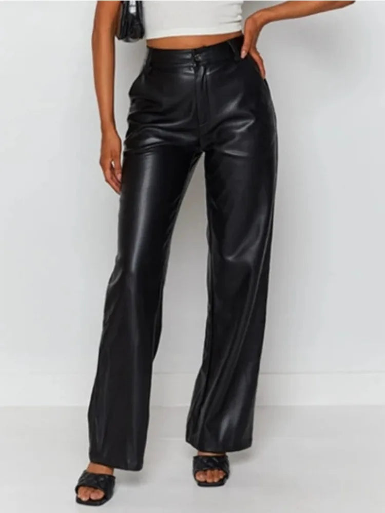 Women Leather Trousers High Waist Fashion Wide Leg Pants Autumn Winter Straight Tube Pants PU Leather Longs Solid Female Clothes