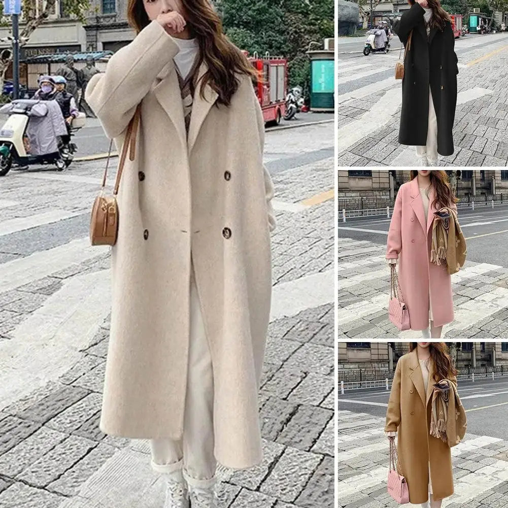 Women Double-Breasted Wool Cashmere Coat Fashion Long Turn-down Collar Belt Woolen Coats Lady Loose Tweed Jacket Autumn Winter