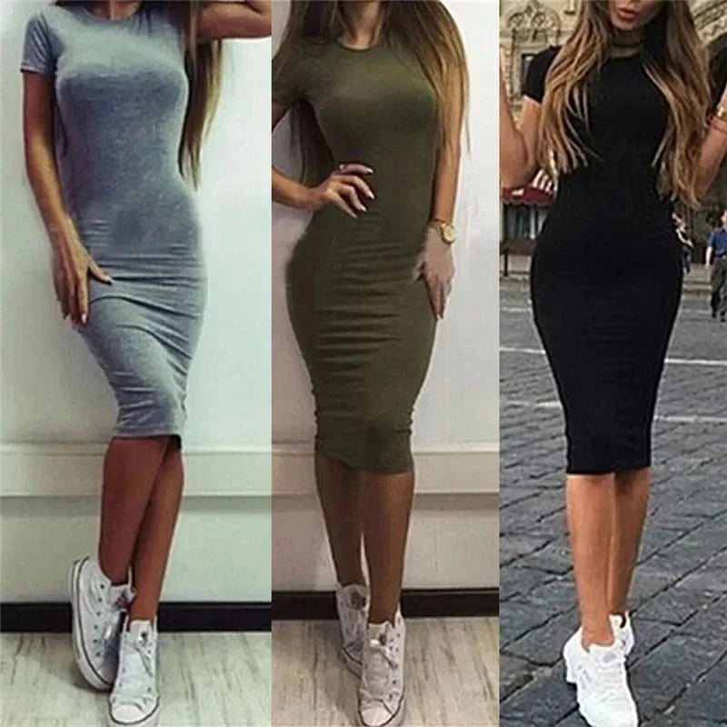 Summer Women Dresses Knee-Length Shinny Casual Short Sleeve Bandage Bodycon Sheath Dress Vestidos