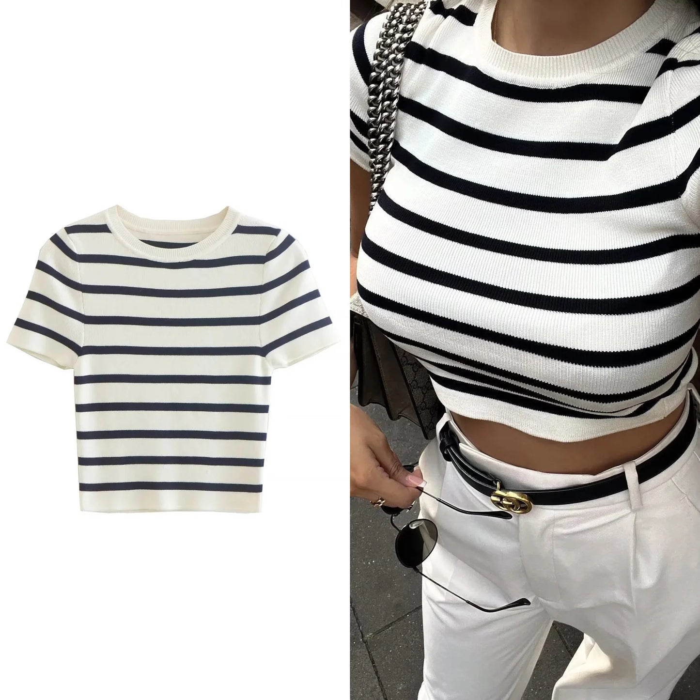 Women Fashion Basic Cropped Striped Knitted Top Short Sleeve O-Neck Summer for Casual Female Pullover Sweater Chic Tops