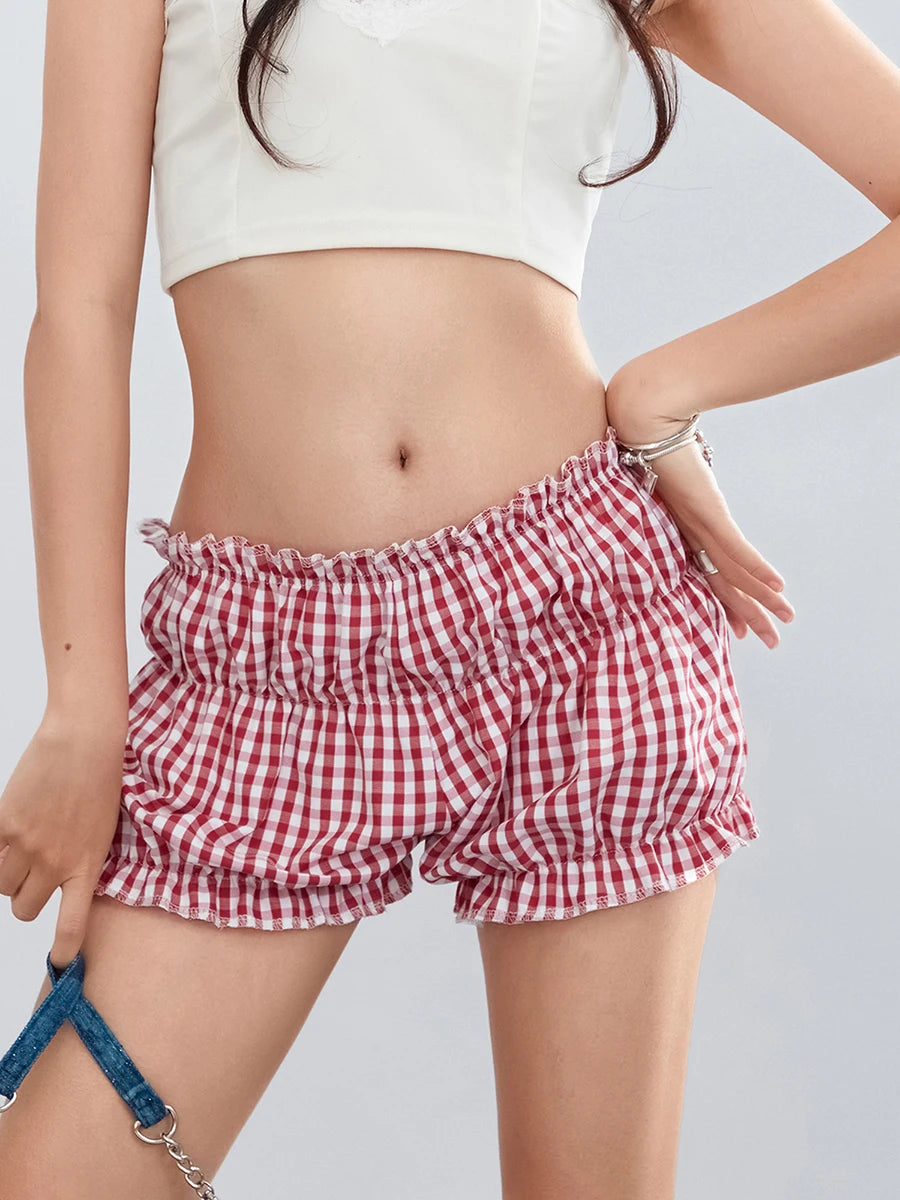 Women'S Summer Red and White Checkered Shorts Y2k Elastic Waist Ruffled Edge Cake Shorts Bottom Sweet Girl Lolita Petipants