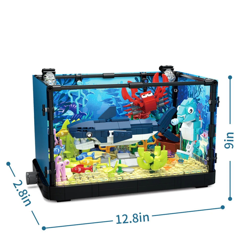 Idea Fish Tank Building Block Set with Light，Aquarium, Marine Life, Jellyfish And Turtle Ecological Tank, Toys For Boys And Girl