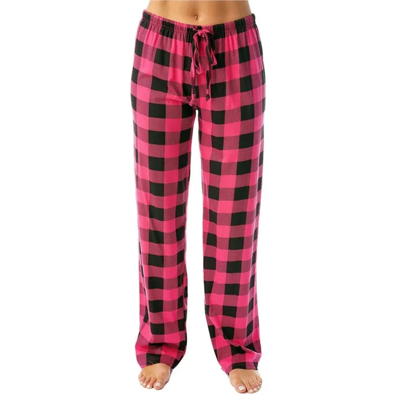 Women's Casual Pants Elastic Waistband And Plaid Drawstring Wide Leg Pants Ladies Red Black Plaid Print Woman Trousers