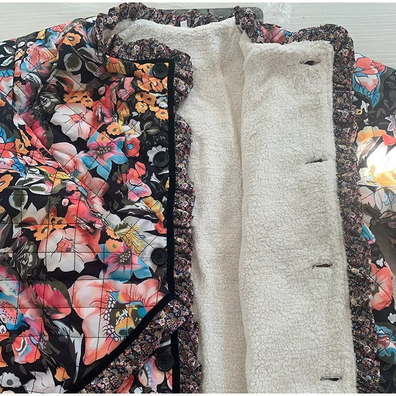 Vintage Floral Flower Printed Cotton Coat Women Fleece Thick Warm Long Sleeve Quilted Jacket Autumn Winter Women's Clothing