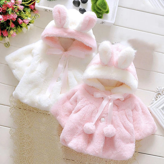 3 6 9 12 18 24 Months Baby Jacket Autumn Cute Rabbit Plush Princess Girls Coat Infant Warm Hooded Newborn Cloak Kids Clothes