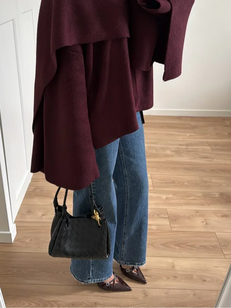 Women Elegant Burgundy Scarf Collar Knitted Pullover Fashion Solid Long Sleeves Loose Sweater Autumn Chic Female Warm Outwears