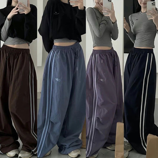 Y2K Women Cargo Pants Vintage Streetwear Baggy Wide Leg Sweatpants Casual Drawstring Oversize Pockets Tech Fashion Trousers