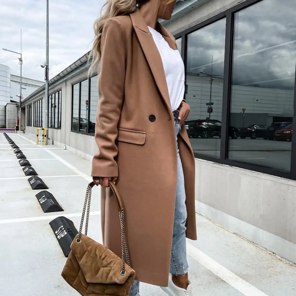 Women Coat Elegant Long Blazer Female All Match Long Sleeve Button Placket Winter Overcoat Suit Collar Long Blazer Trench Coat