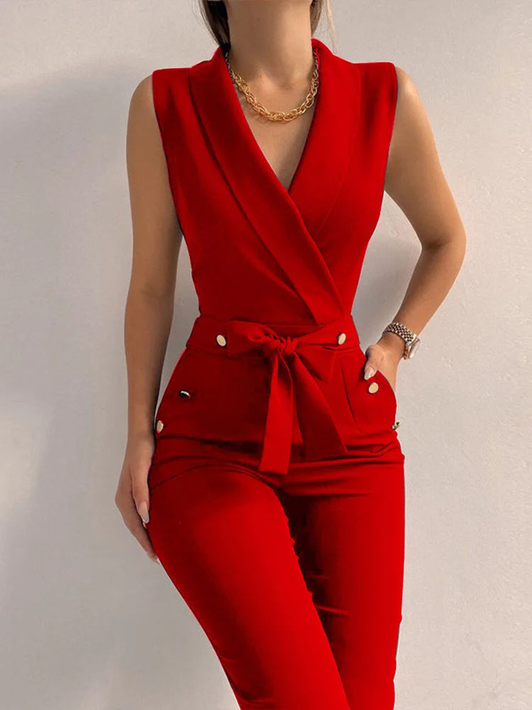 Women Casual V Neck Jumpsuits Button Lace Up Sleeveless Wide Leg Pants Streetwear Overalls Jumpsuit Women