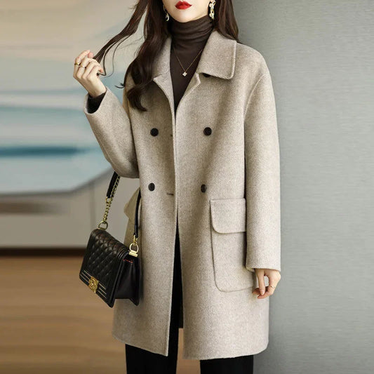 Women's Autumn/Winter New Style Coffee Color Thickened Woolen Jacket Slimming Medium-Length Overcoat Korean Version For A Slimme