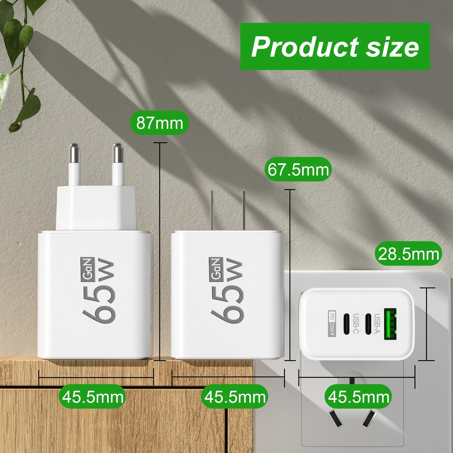 Total 65W GaN USB Charger 3 Ports Fast Charging Type C Adapter Mobile Phone Quick Charger for Iphone 15 14 Xiaomi Huawei Samsung