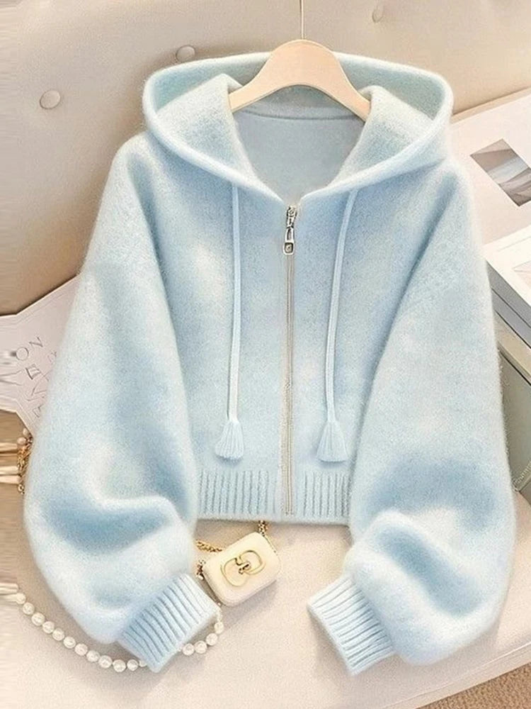 Zoki Fashion Soft Blue Cardigan Sweaters Women Long Sleeve Elegant Knitted Jacket Sweet Design Female Casual Hooded Outwear Tops