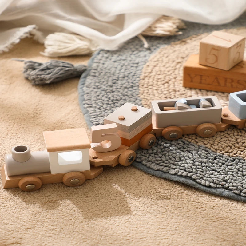 Wooden Birthday Train Toy Baby Early Education Puzzle Track Car Montessori Toy For Babies Digital Learning Toy Kid Birthday Gift