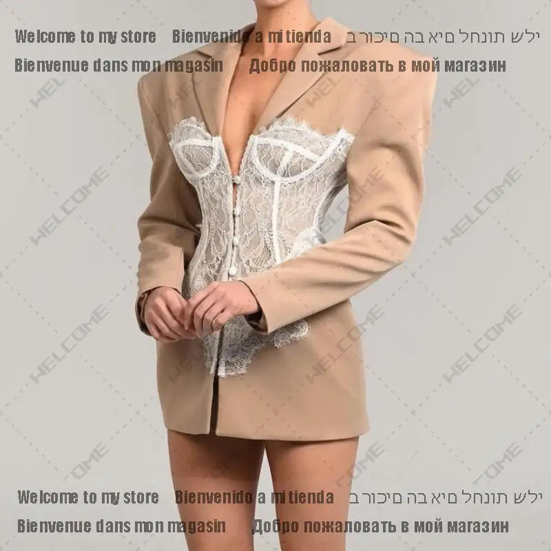 Women Blazer 2024 Autumn Lace Stitched Single Breasted Ladies Black Blazer Coat Vintage Women's Slim Suit Jacket New