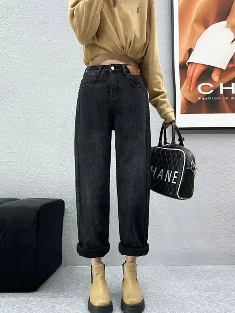 Warm Velvet Womens Wide Leg Jeans Korean Fashion Thick Plush Straight Denim Pants Fall Winter Casual High WaistVaqueros