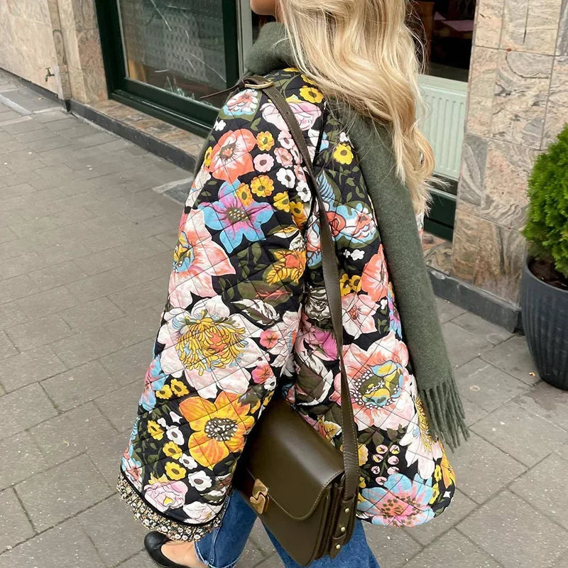 Vintage Floral Flower Printed Cotton Coat Women Fleece Thick Warm Long Sleeve Quilted Jacket Autumn Winter Women's Clothing