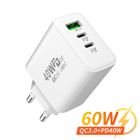 Total 60W USB PD Fast Charger 3 Ports EU/US Plug Wall Charger Adapter For iPhone 15 14 Xiaomi Samsung Huawei USB C Phone Charger