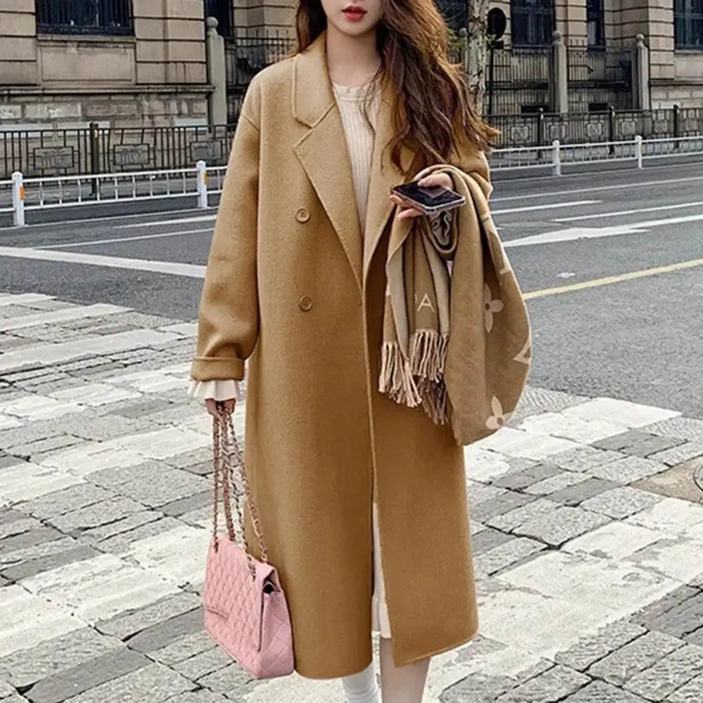 Women Double-Breasted Wool Cashmere Coat Fashion Long Turn-down Collar Belt Woolen Coats Lady Loose Tweed Jacket Autumn Winter