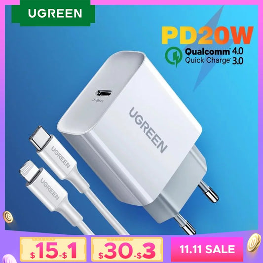 UGREEN Quick Charge 4.0 3.0 QC PD Charger 20W QC4.0 QC3.0 USB Type C Fast Charger for iPhone 16 15 14 Pro Xiaomi Phone PDCharger