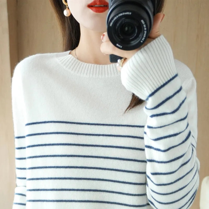 100% Cotton Knitted Sweater Women's Sweater Striped Color Matching Round Neck Large Size Loose Temperament Long Sleeve Bottoming