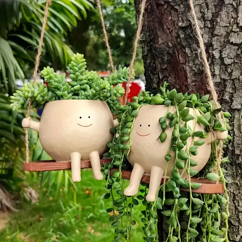 Swing Flower Pot Resin Smiling Face Planter Pot Creative Wall Hanging Planter For Indoor Outdoor Plants Gardening Accessories