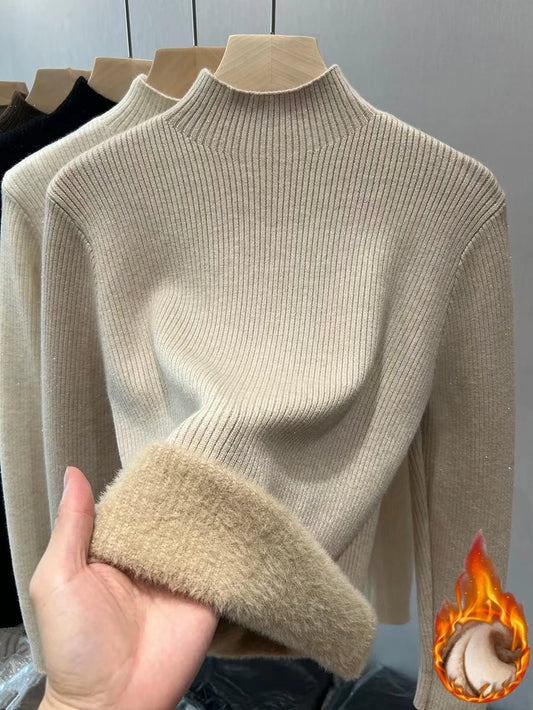 Turtleneck Winter Sweater Women Elegant Thicken Velvet Lined Warm Sueter Knitted Pullover Slim Tops Jersey Knitwear Jumper New