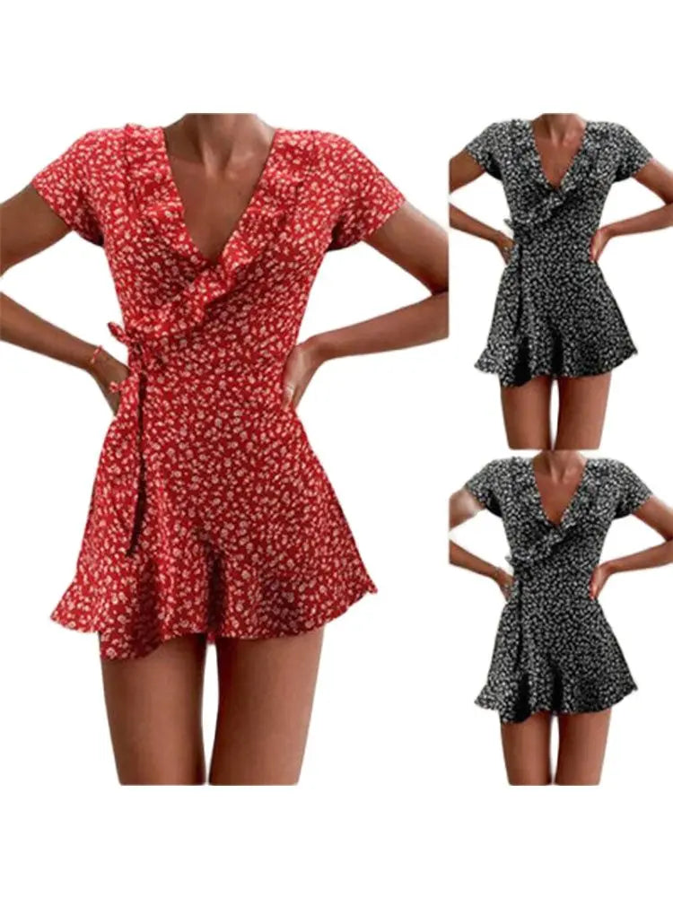 Summer Women’s Floal A-Line Dress Sweet Elegant Floral Ruffles V-neck Bandage Short Dress for Lady Chic Flowers Mini Dress