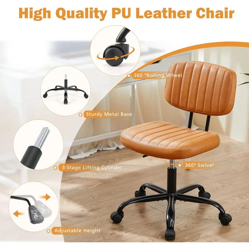 Small Office Desk Chair with Wheels Armless Comfy Computer Chair with Lumbar Support, PU Leather Low Back Adjustable