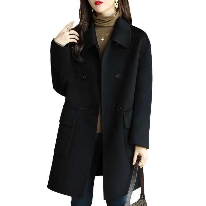 Women's Autumn/Winter New Style Coffee Color Thickened Woolen Jacket Slimming Medium-Length Overcoat Korean Version For A Slimme