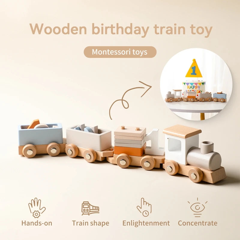 Wooden Birthday Train Toy Baby Early Education Puzzle Track Car Montessori Toy For Babies Digital Learning Toy Kid Birthday Gift