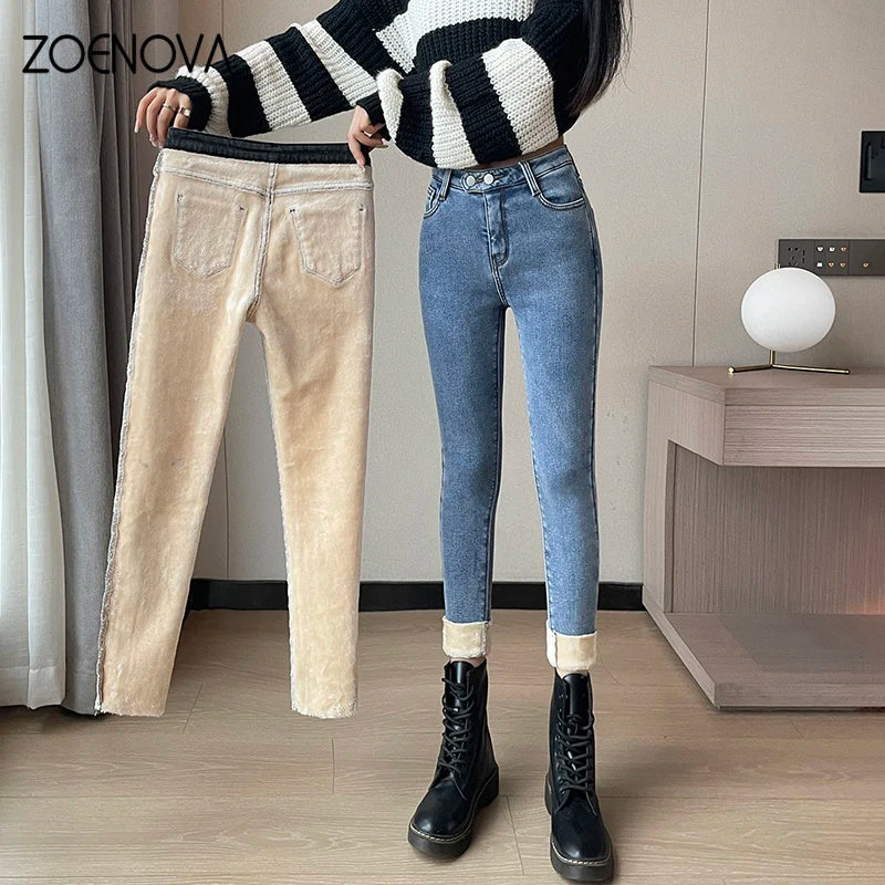 ZOENOVA 2024 Winter Thick Velvet Women Jeans High Waist Skinny Jeans Simple Fleece Warm Slim Stretch Casual Denim Pencil Pants