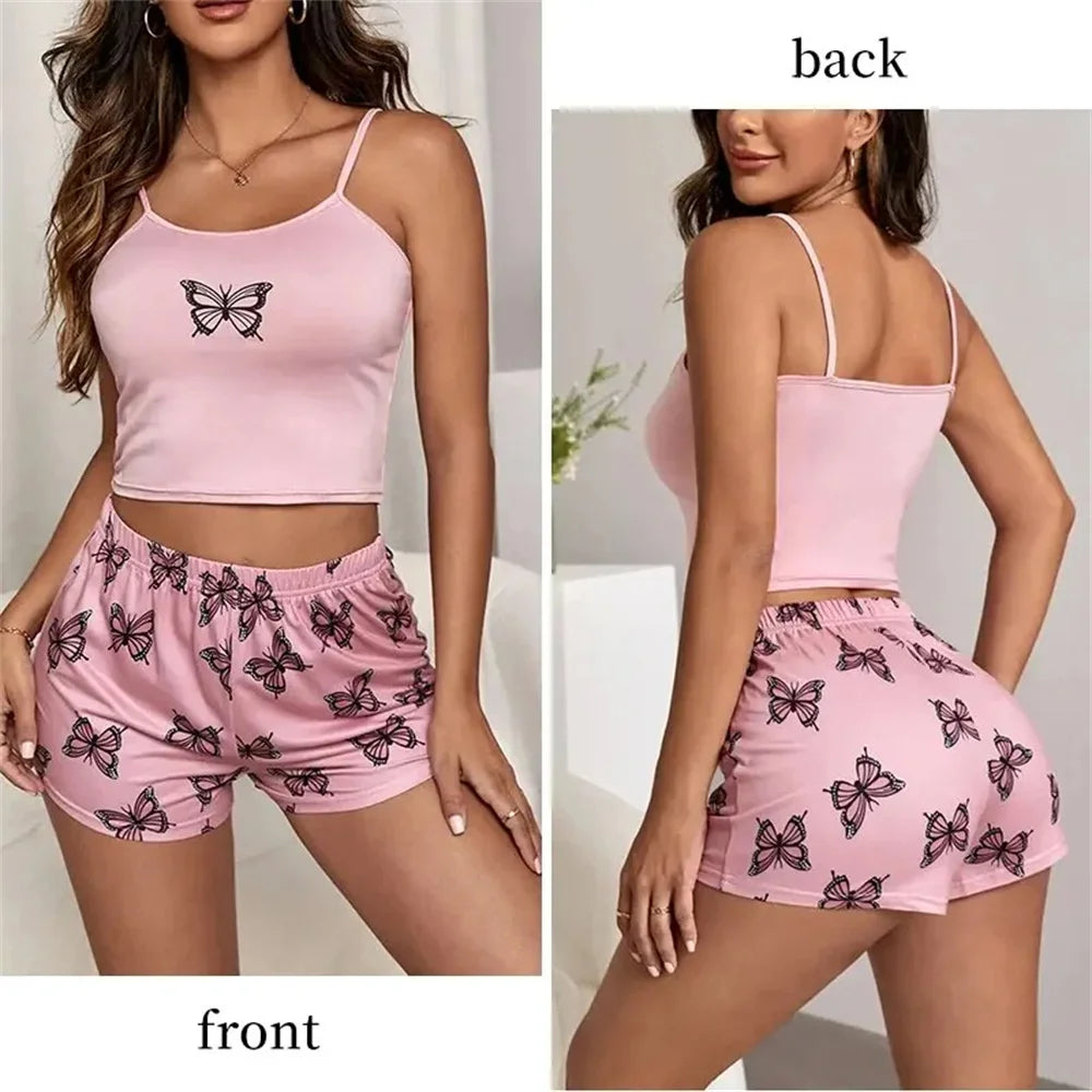 Two Piece Women's Suspender Printed Butterfly Round Neck Camouflage Top Paired with Shorts Women's Casual Pajama Set