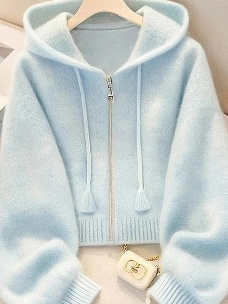 Zoki Fashion Soft Blue Cardigan Sweaters Women Long Sleeve Elegant Knitted Jacket Sweet Design Female Casual Hooded Outwear Tops