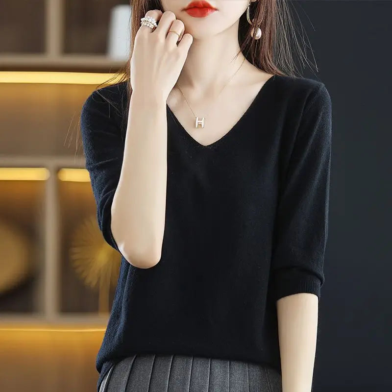 Spring Autumn V-neck Pullover Sweater Women's Mid-sleeve Undershirt Loose Five-sleeve Knitted Short-sleeved Women's Inner Top