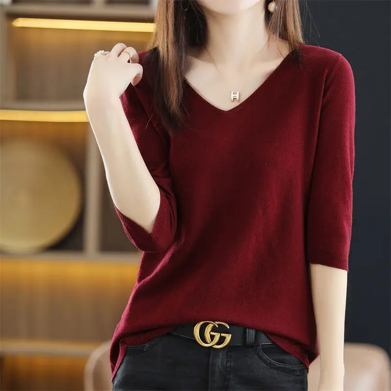 Spring Autumn V-neck Pullover Sweater Women's Mid-sleeve Undershirt Loose Five-sleeve Knitted Short-sleeved Women's Inner Top