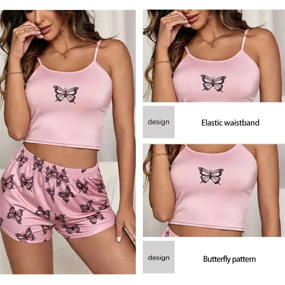 Two Piece Women's Suspender Printed Butterfly Round Neck Camouflage Top Paired with Shorts Women's Casual Pajama Set