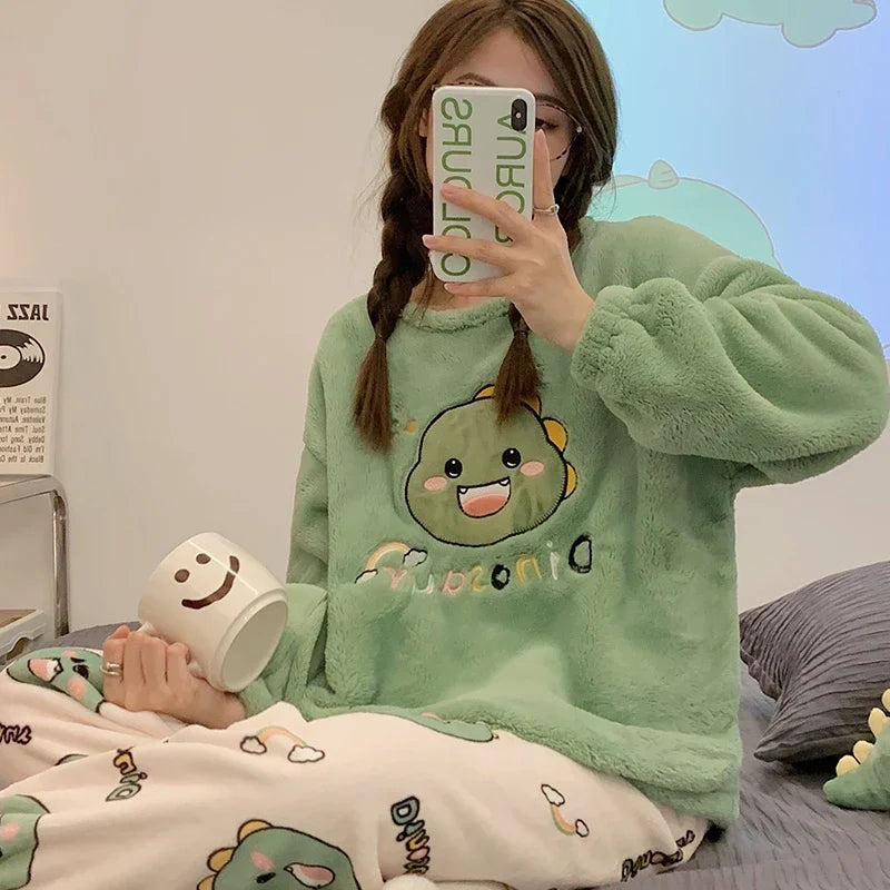 Winter New Flannel Sleepwear Thickening Round Neck Long Sleeve Women's 2 Pieces Set Cute Dinosaur Printing Home Suit for Women