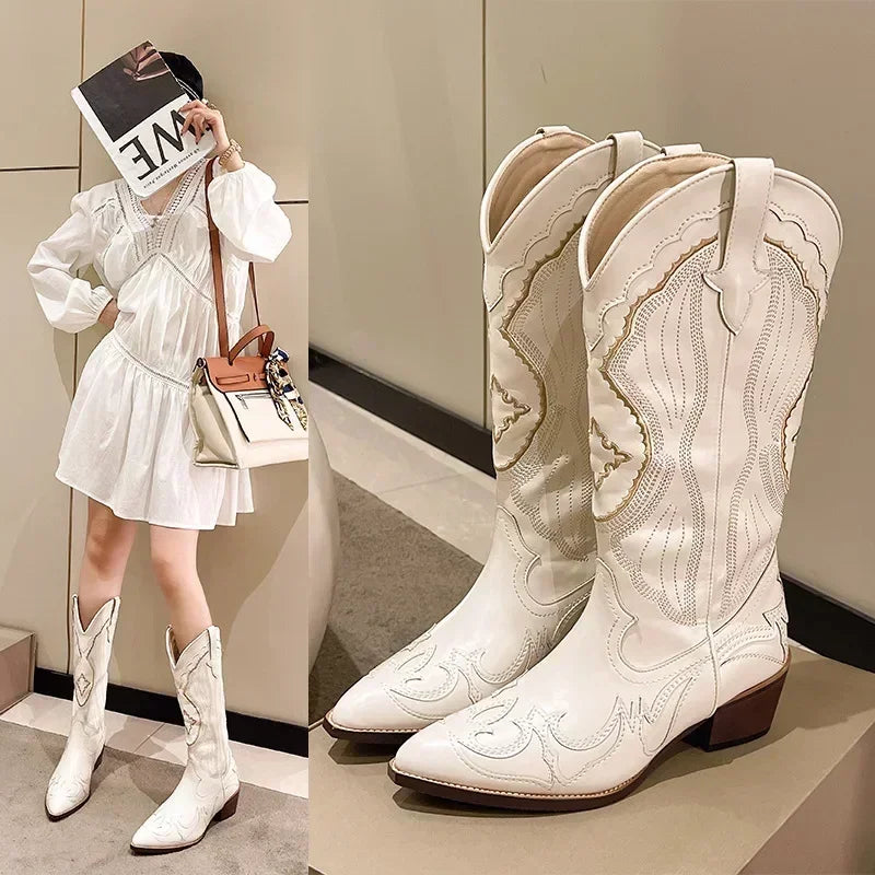 Women's Embroidered Western Mid Calf Boots Cowboy Square Heels Boots Pointed Toe Platform Boots Women Western Shoes Plus Size42